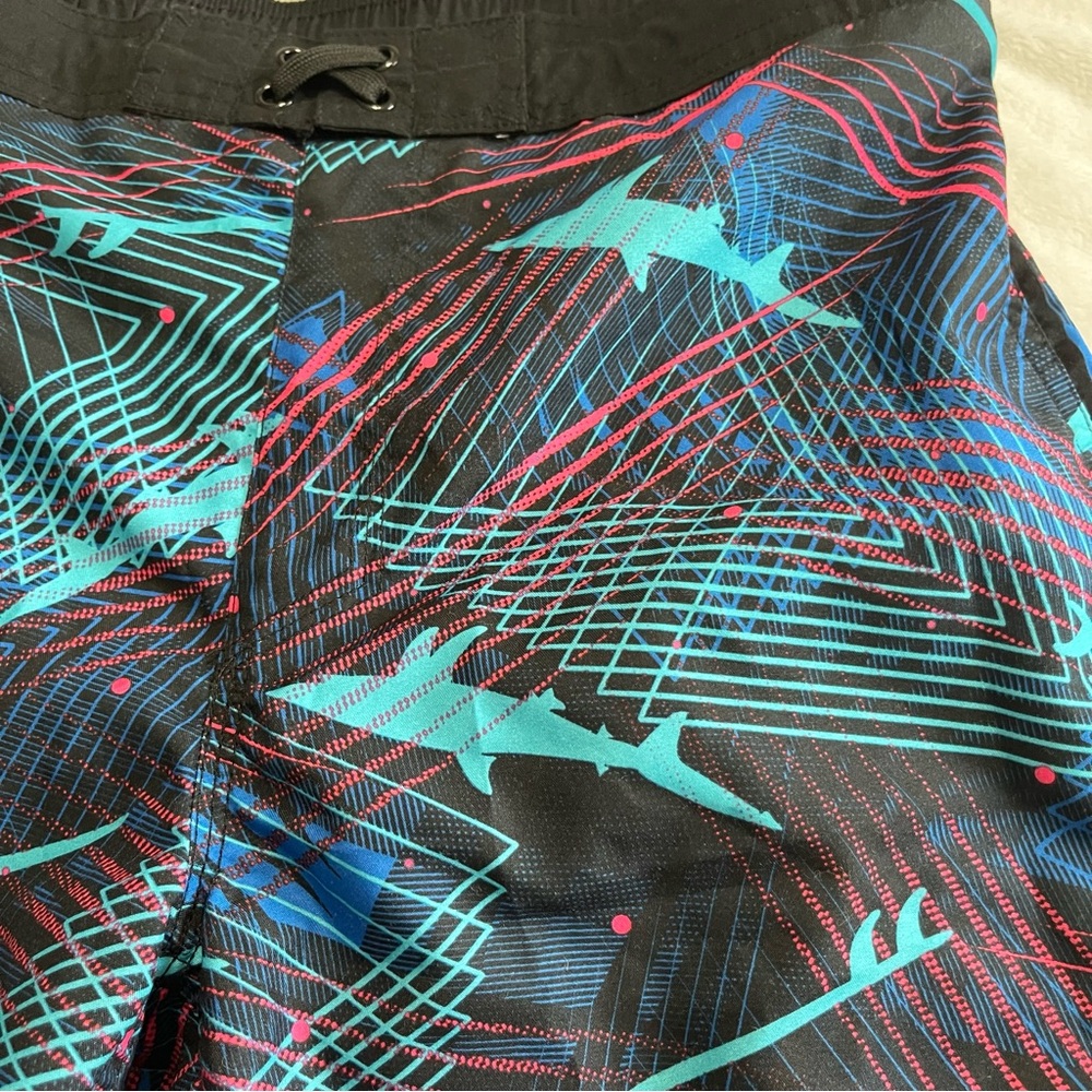 Arizona Boys Neon Shark Print Black and Blue Graphic Swim Trunks XL 18/20